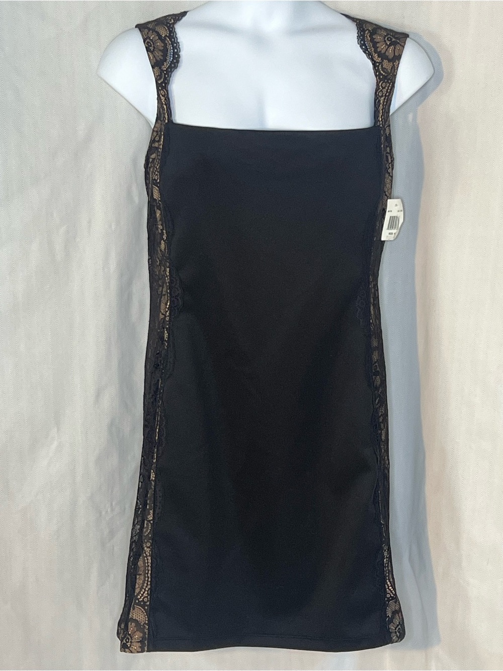 Jackie Jon New York Cocktail Dress Black & Tan Lace Square Neck Cut Out Back 16👍